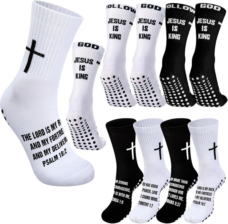 Jamntower 4 Pairs Cross Grip Soccer Socks with Bible Verse Anti Slip Religious Jesus Christian Football Sock with Rubber Dots - Image 1